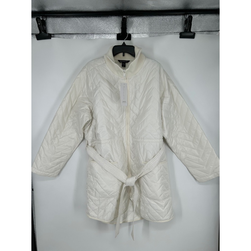 Athleta Mendocino Puffer Coat Women 2X White Belted Quilted Jacket Full Zip 2XL